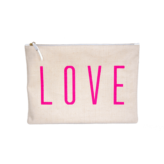 Large Love Pouch - Cream With Neon Pink Love - Blanco Bags