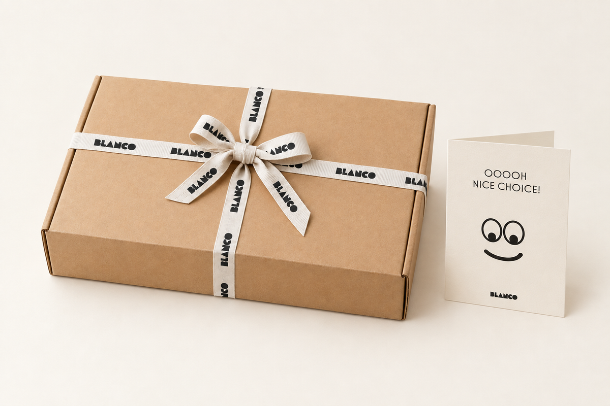 Closed kraft box with BLANCO ribbon and OOOOH NICE CHOICE card