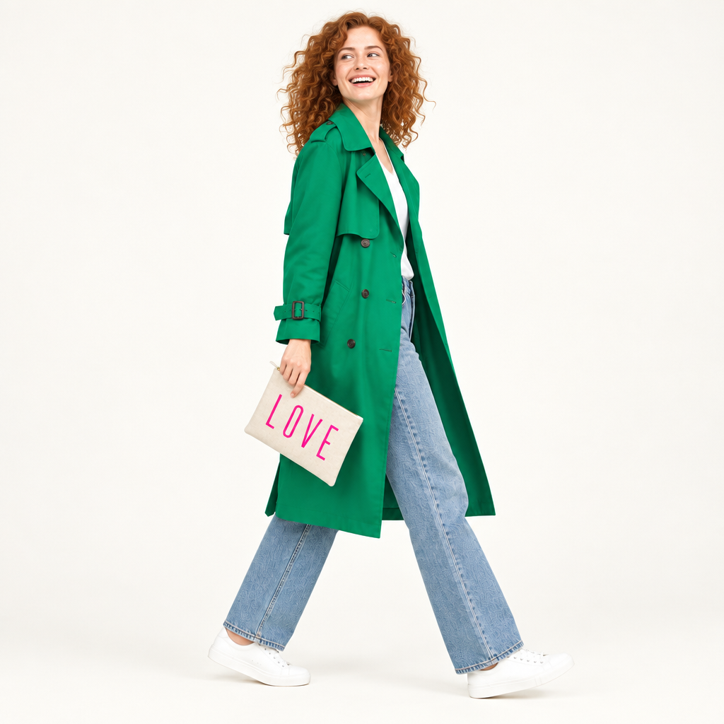 Green trench coat model holding the cream and neon pink Love pouch