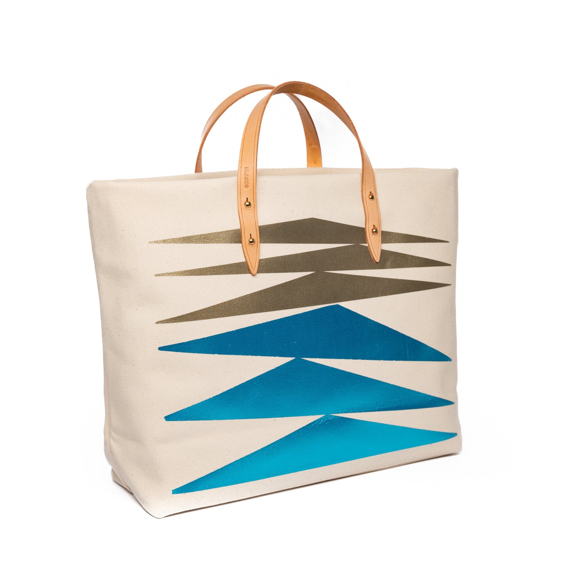 Natural canvas and leather designer tote bag, neon blue & gold print –  Blanco Bags