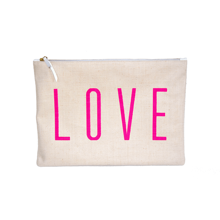 Large Love Pouch - Cream With Neon Pink Love - Blanco Bags