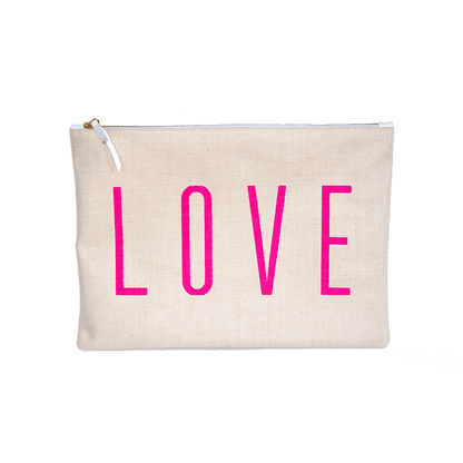 Large Love Pouch - Cream With Neon Pink Love - Blanco Bags