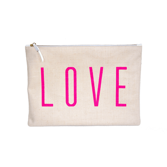 Large Love Pouch - Cream With Neon Pink Love - Blanco Bags