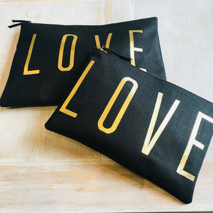 Small Love Pouch - Black With Gold Foil Love - Blanco Bags